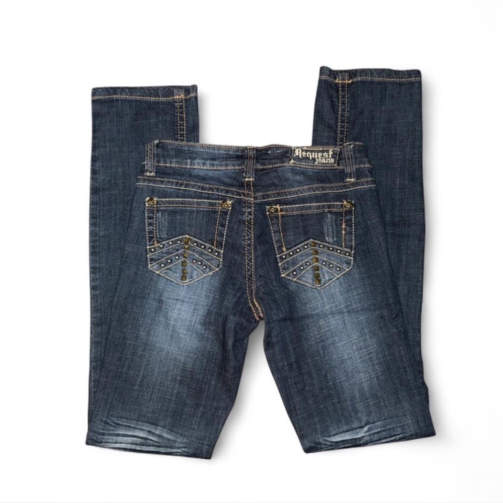 Y2K vintage request blue low waisted jeans with gold stitching and studs 27”